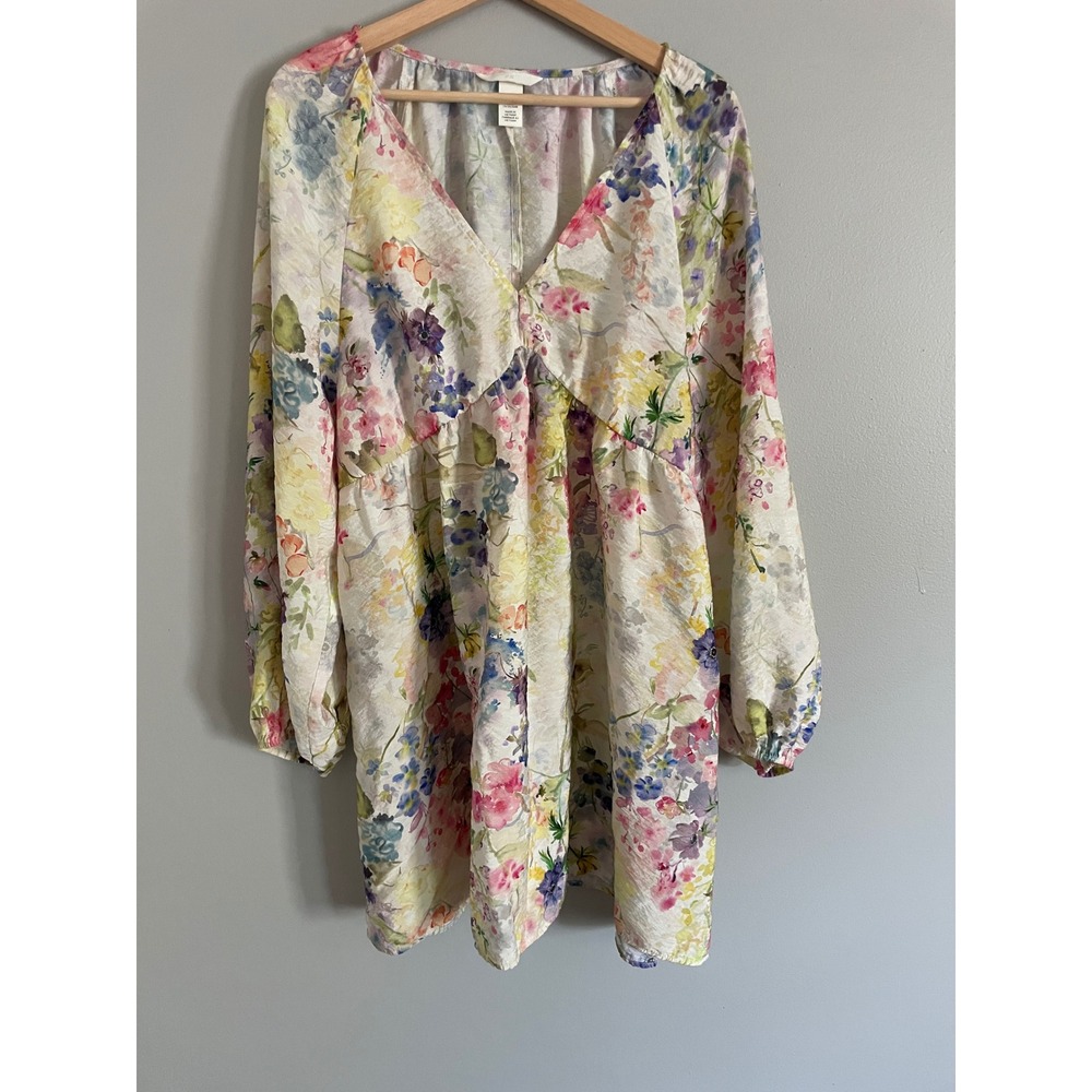H&M Floral Mini Dress Womens Large White Watercolor V-Neck Balloon Sleeve Boho